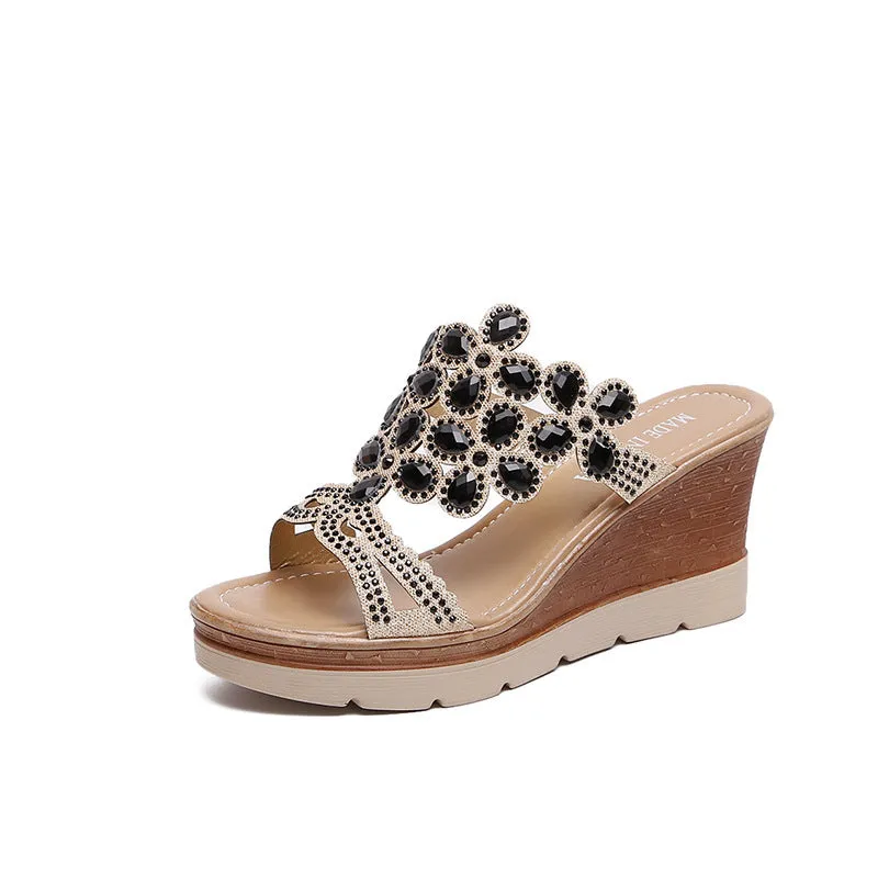 Rhinestone Platform Sandals with Slope Heels