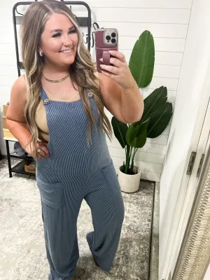 Ribbed Front Pocket Sleeveless Jumpsuit in Dusty Blue