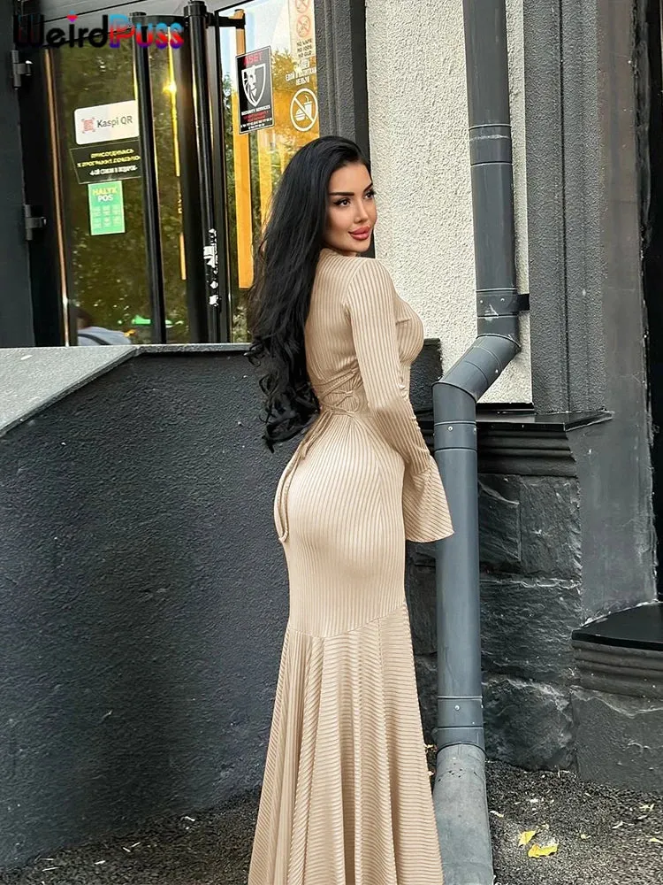 Ribbed Lace-Up Bodycon Dress
