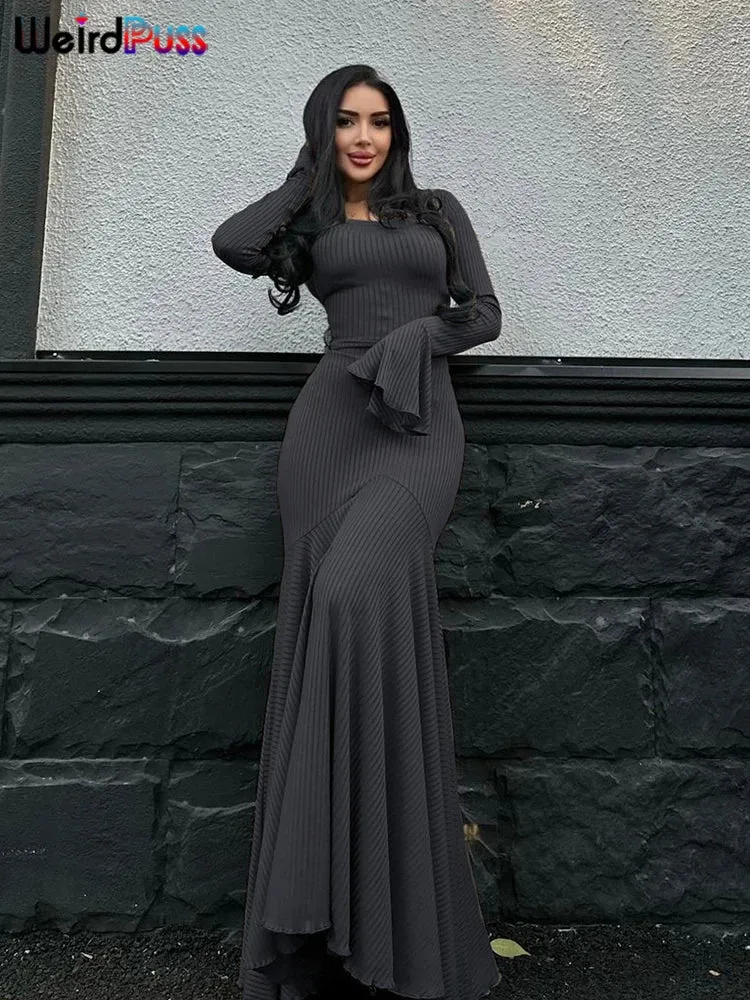 Ribbed Lace-Up Bodycon Dress
