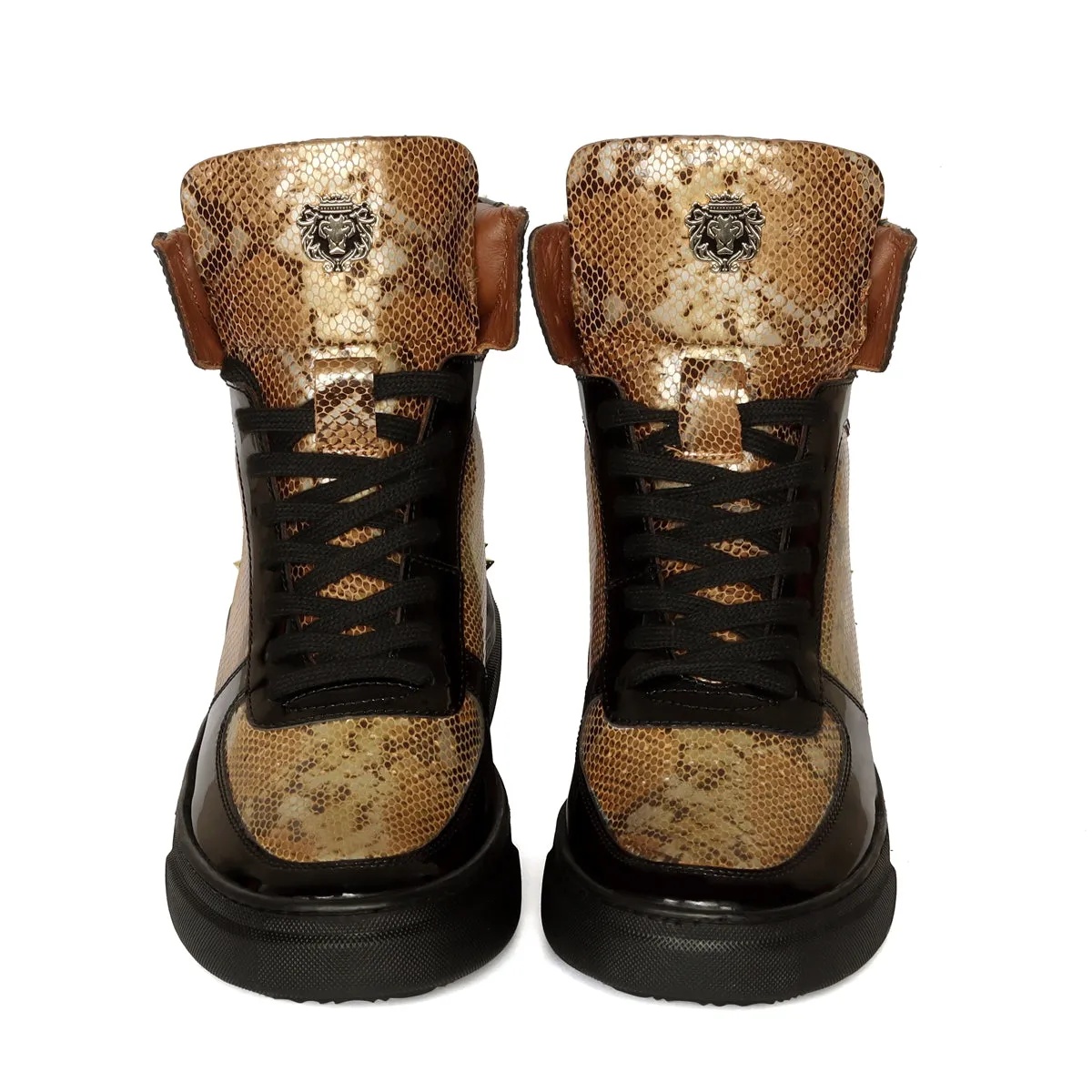 Studded High Top Sneakers Snake Print with Patent Leather Detailing