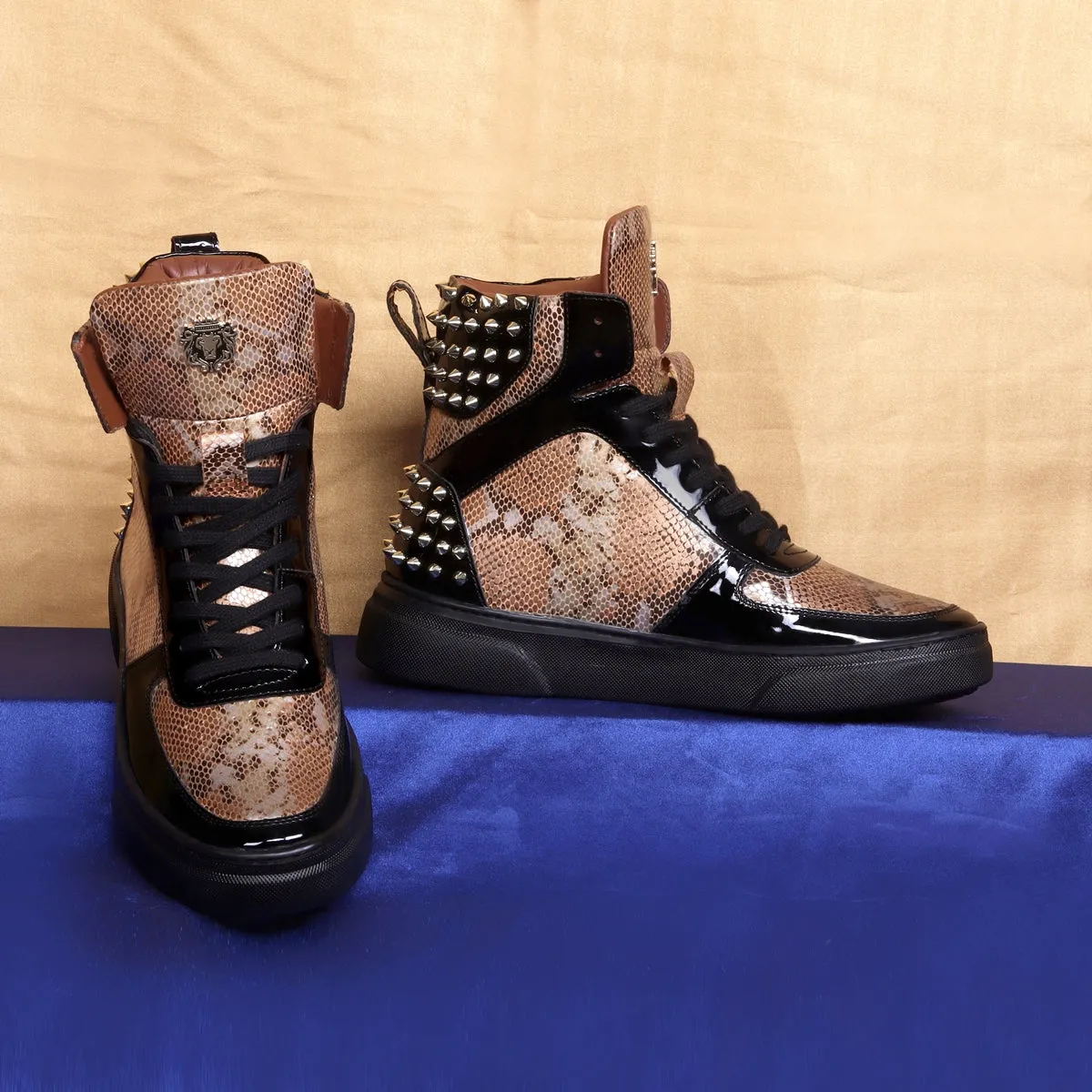Studded High Top Sneakers Snake Print with Patent Leather Detailing