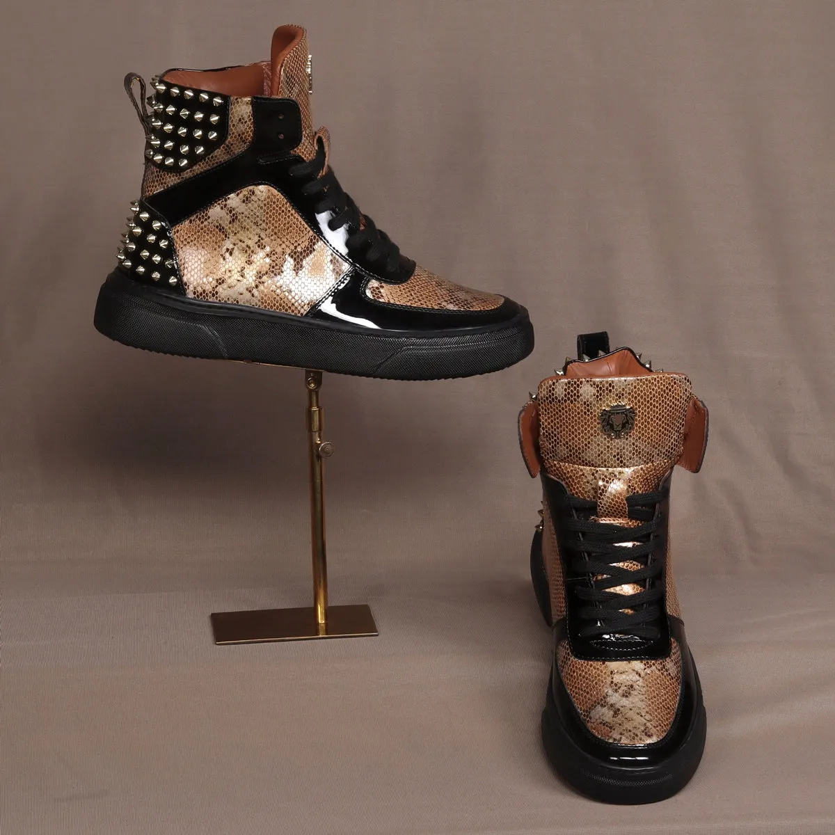 Studded High Top Sneakers Snake Print with Patent Leather Detailing