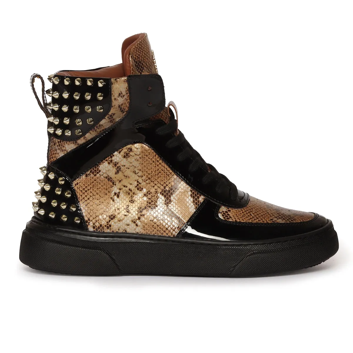 Studded High Top Sneakers Snake Print with Patent Leather Detailing