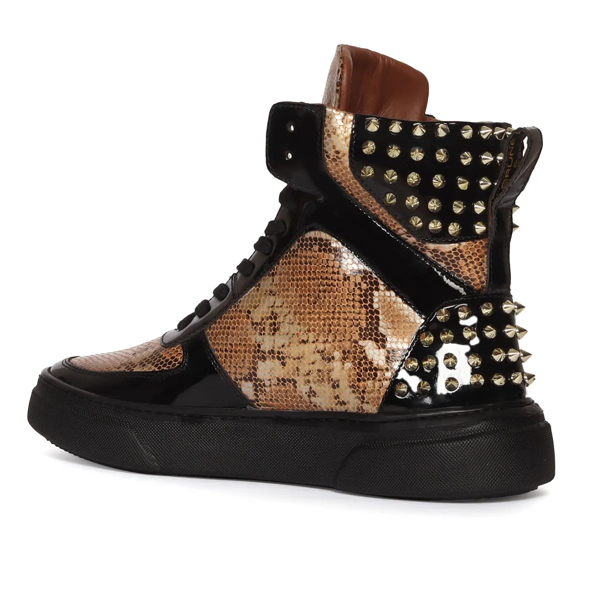 Studded High Top Sneakers Snake Print with Patent Leather Detailing