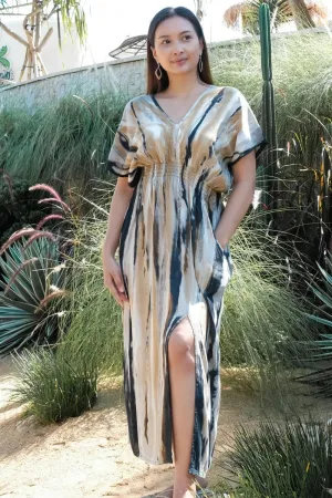 Suzie Blue Abstract Tie Dye V-Neck Dress, Grey/Gold (LS1325GY)
