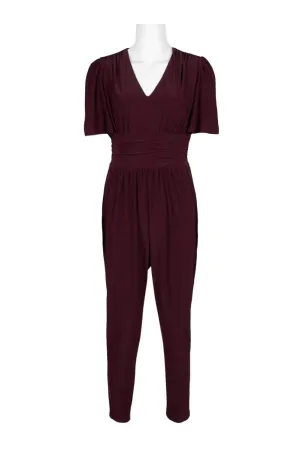 Taylor Short Sleeve V-Neck Jersey Jumpsuit with Ruched Back and Zipper Closure