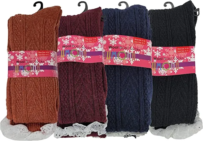 Thigh High Wool Boot Socks | Winter Cable Knit Lace on Top | Women ( 4 Pairs )