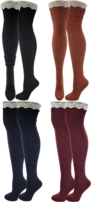 Thigh High Wool Boot Socks | Winter Cable Knit Lace on Top | Women ( 4 Pairs )