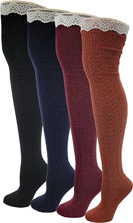 Thigh High Wool Boot Socks | Winter Cable Knit Lace on Top | Women ( 4 Pairs )