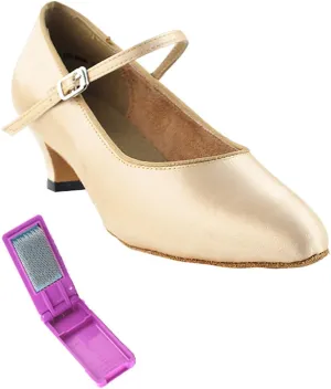 Very Fine Dance Shoes - Ladies Practice, Cuban Low Heel Ballroom Dance Shoes - 3008-1.3-inch Heel and Foldable Brush Bundle - Light Brown Satin - 4.5