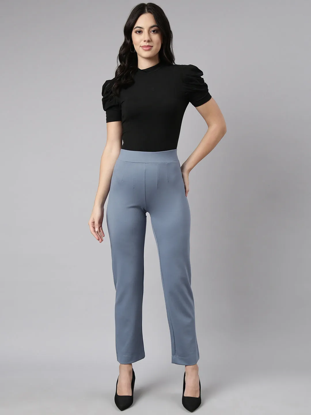 Women Blue Comfort Straight Fit Cotton Regular Trouser