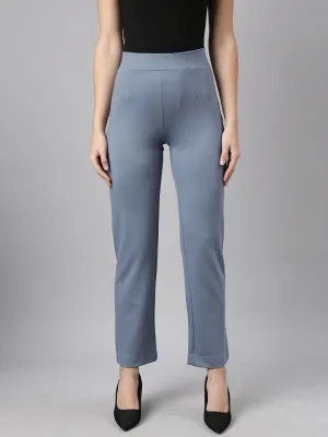Women Blue Comfort Straight Fit Cotton Regular Trouser