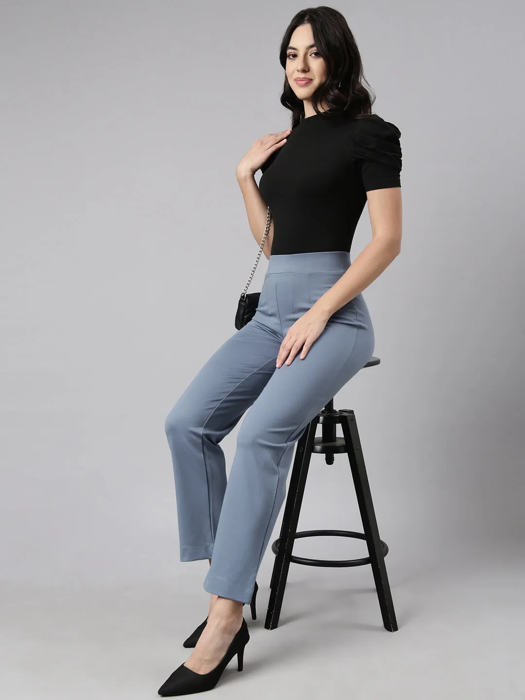 Women Blue Comfort Straight Fit Cotton Regular Trouser