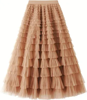 Women's A Line Pleated Skirt Long Tutu Skirt Ruffle Mesh Vintage Calf Length Chiffon High Waist Bubble Sporty