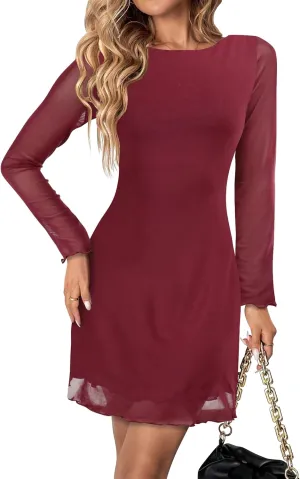Women's Leopard Print Dress Cheetah Long Sleeve Mini Y2k Backless Mesh Party Date Bodycon Night Mini Dresses
