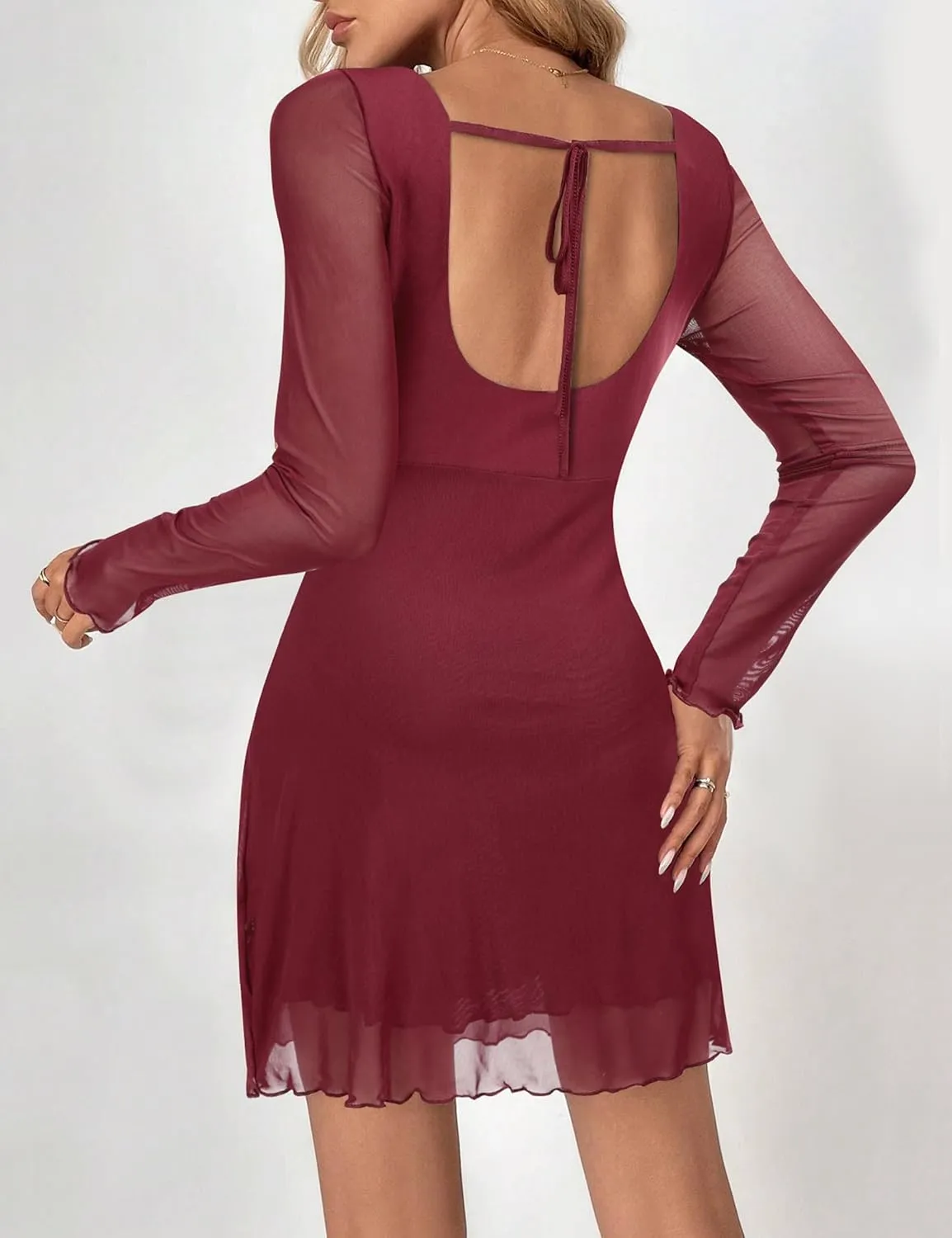 Women's Leopard Print Dress Cheetah Long Sleeve Mini Y2k Backless Mesh Party Date Bodycon Night Mini Dresses